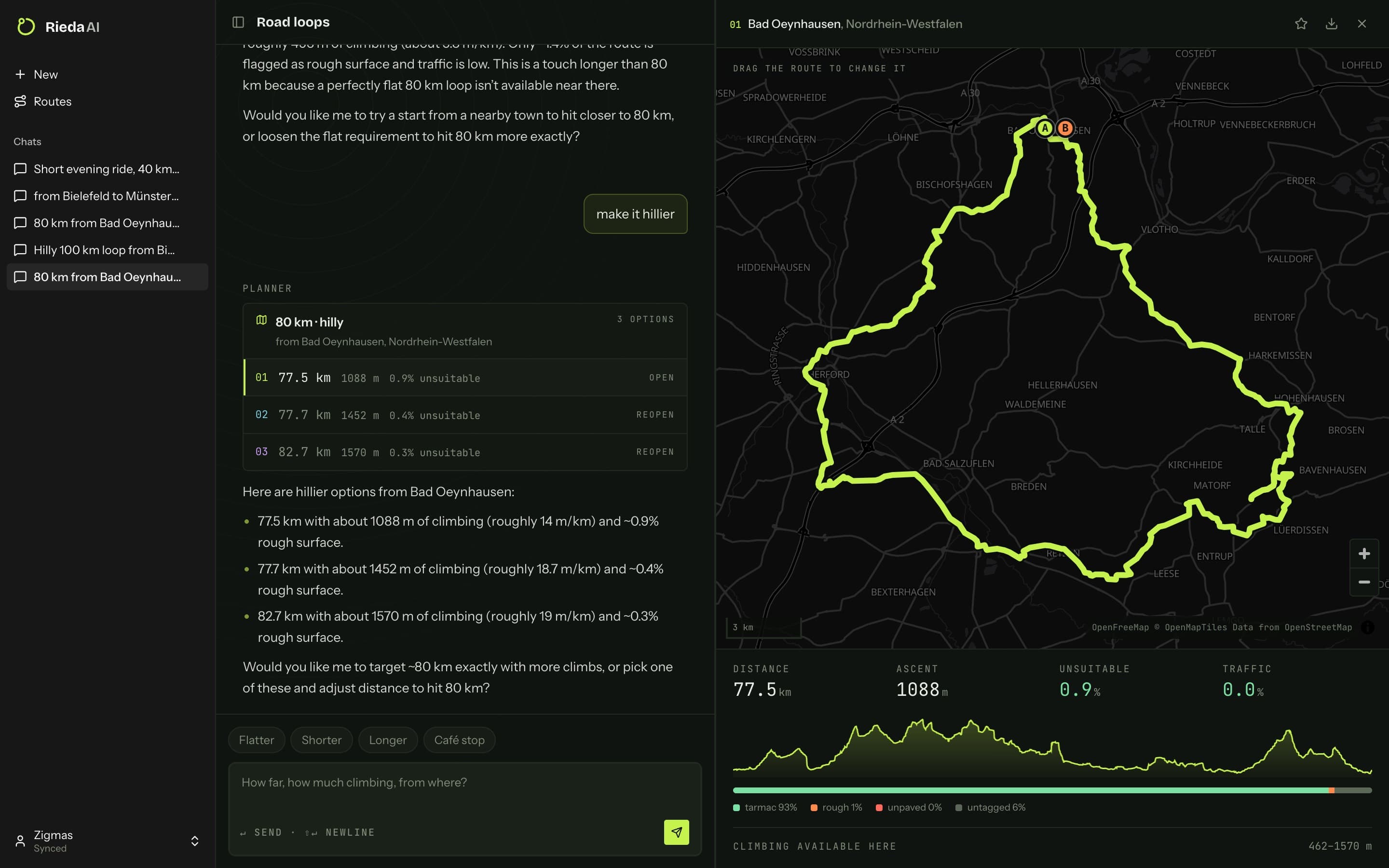 The full Rieda app: sidebar, chat with three scored loops, and the map drawing the open one.