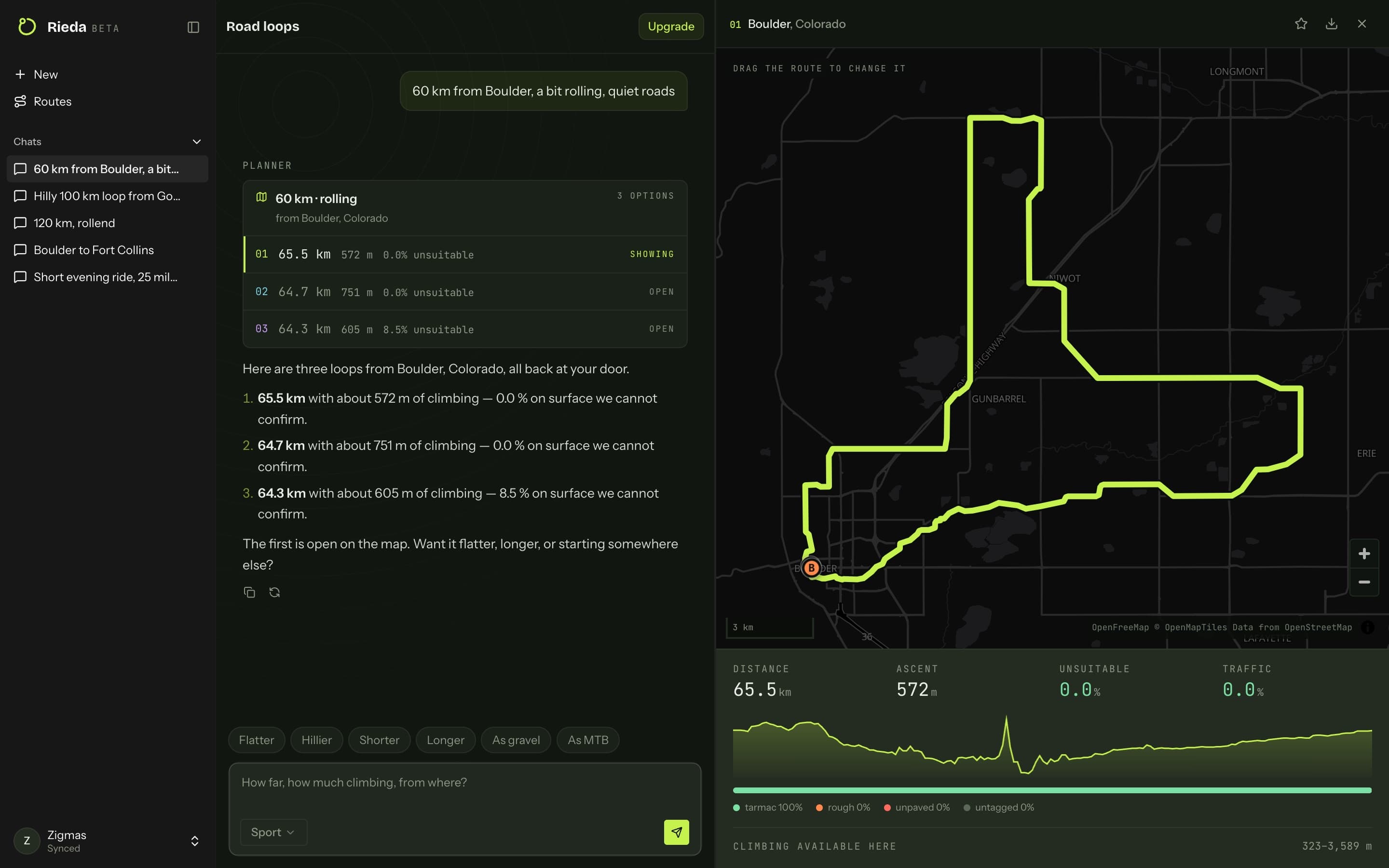 The full Rieda app: sidebar, chat with three scored loops, and the map drawing the open one.